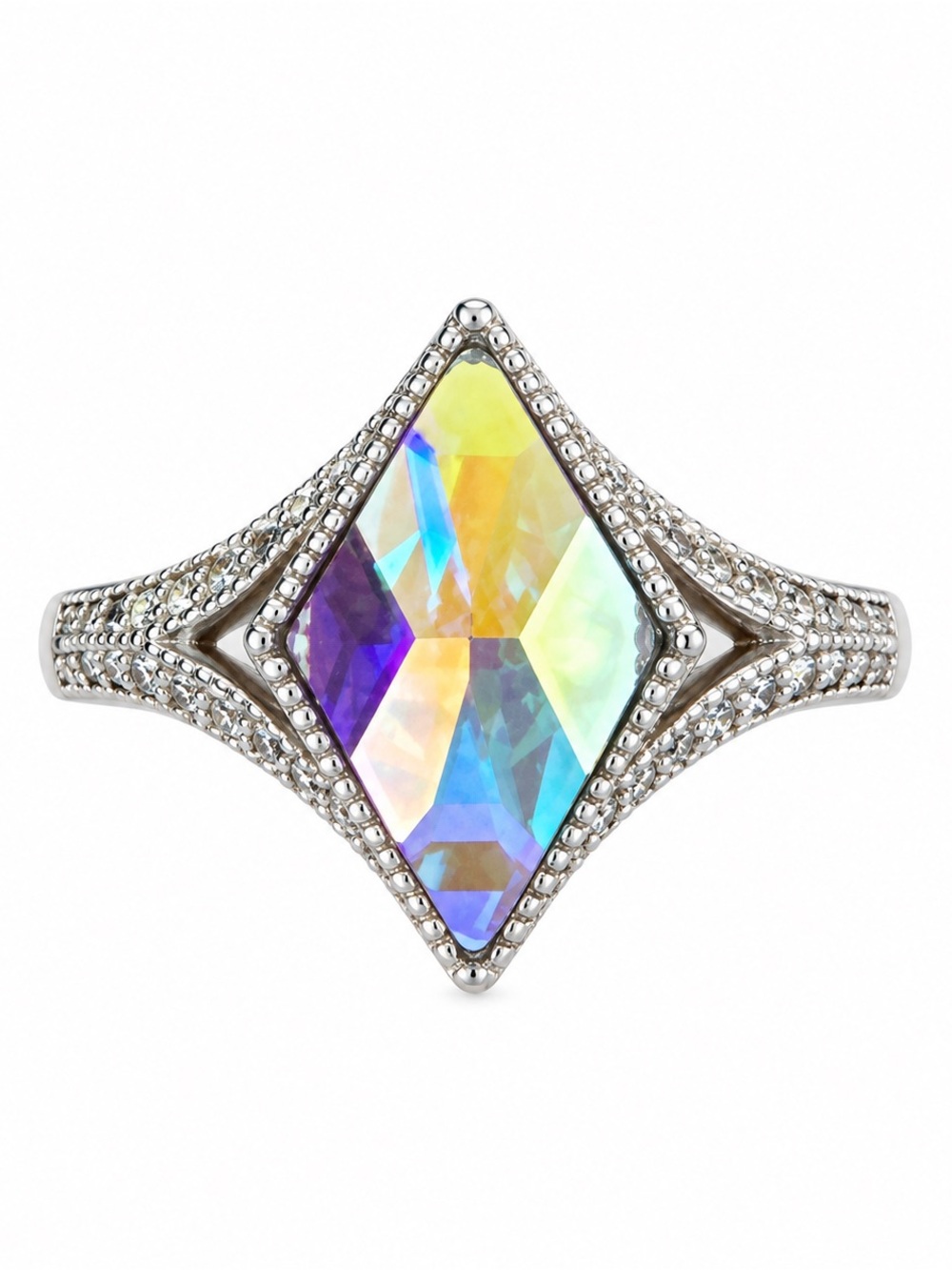 Iridescent Aurora Borealis Crystal Statement Ring Silver Tone Size 7 Sparkly